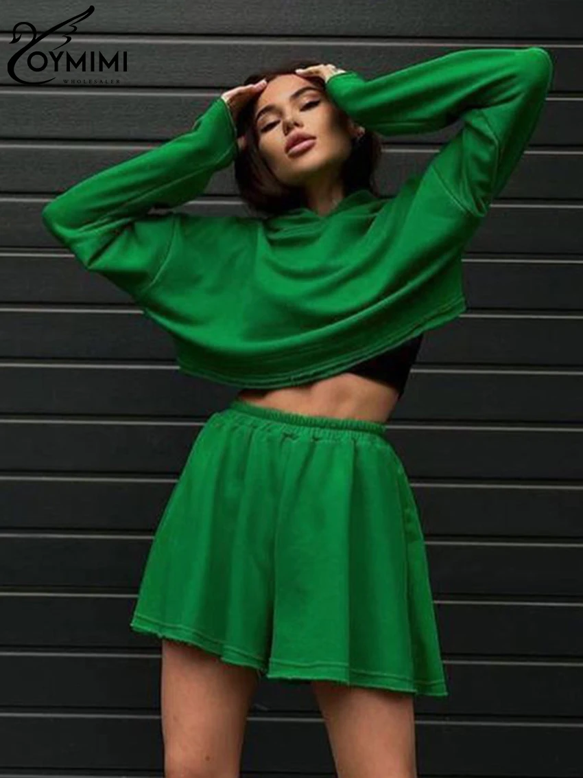 

Oymimi Winter Loose Green Shorts Sets For Women 2 Pieces 2024 Fashion Long Sleeve Hoodies With High Waist Shorts Set Streetwear