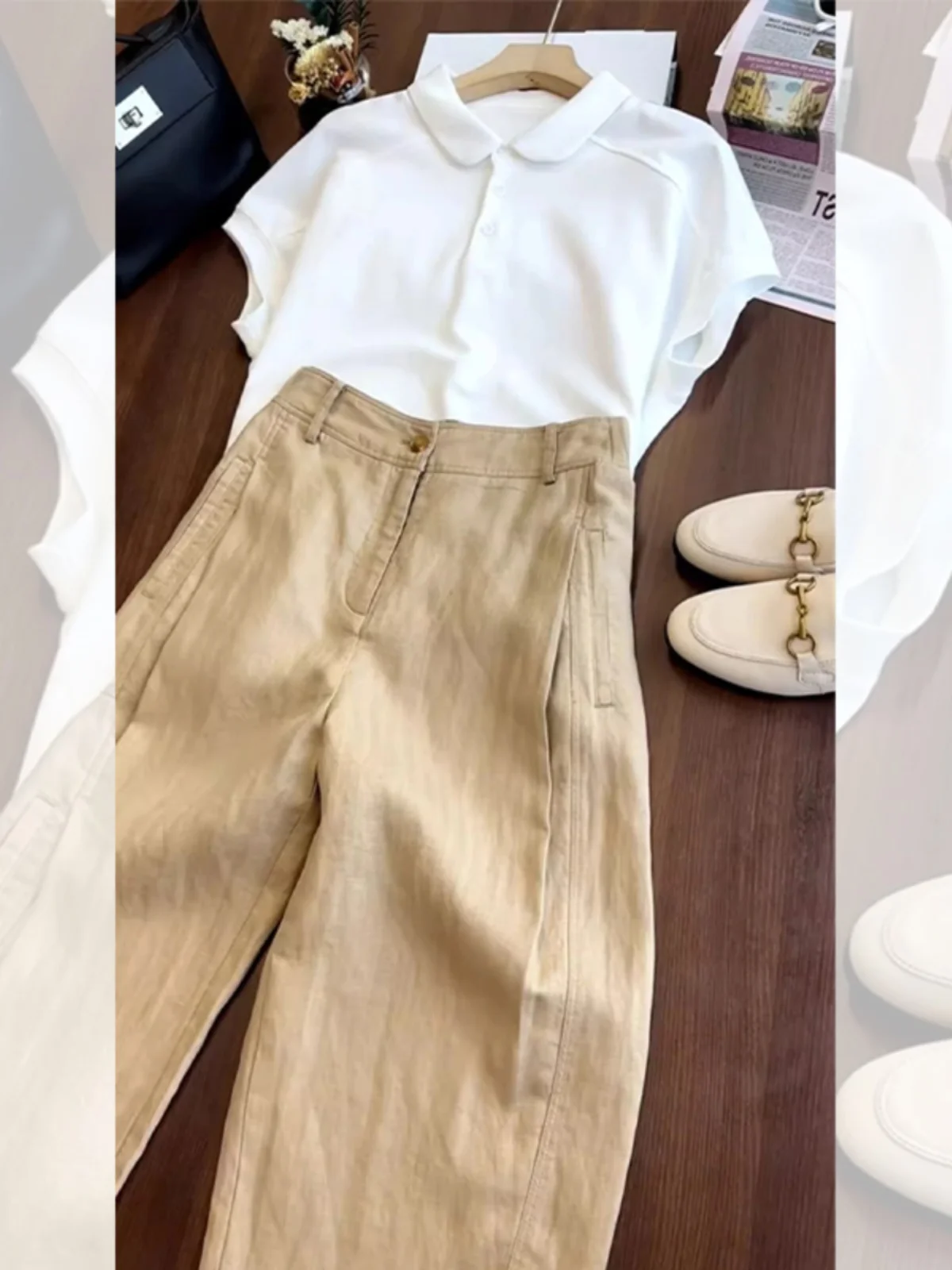 Стильные повседневные свободные брюки цвета хаки женская одежда на осень и зиму