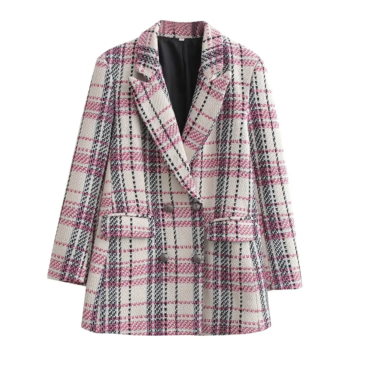 

PB&ZA Women 2023 New Fashion Double Breasted Tweed Check Blazer Coat Vintage Long Sleeve Pockets Female Outerwear Chic