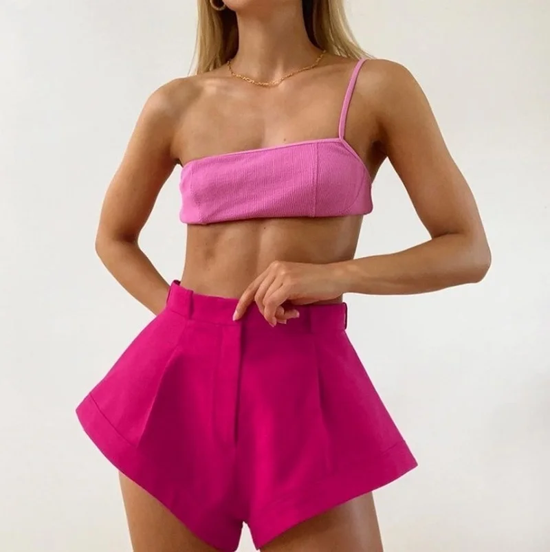 Summer High Waist Red Loose Shorts Solid Color Elegant Female New Hot Shorts 2021 Women Office Lady Wide Leg Casual Streetwear