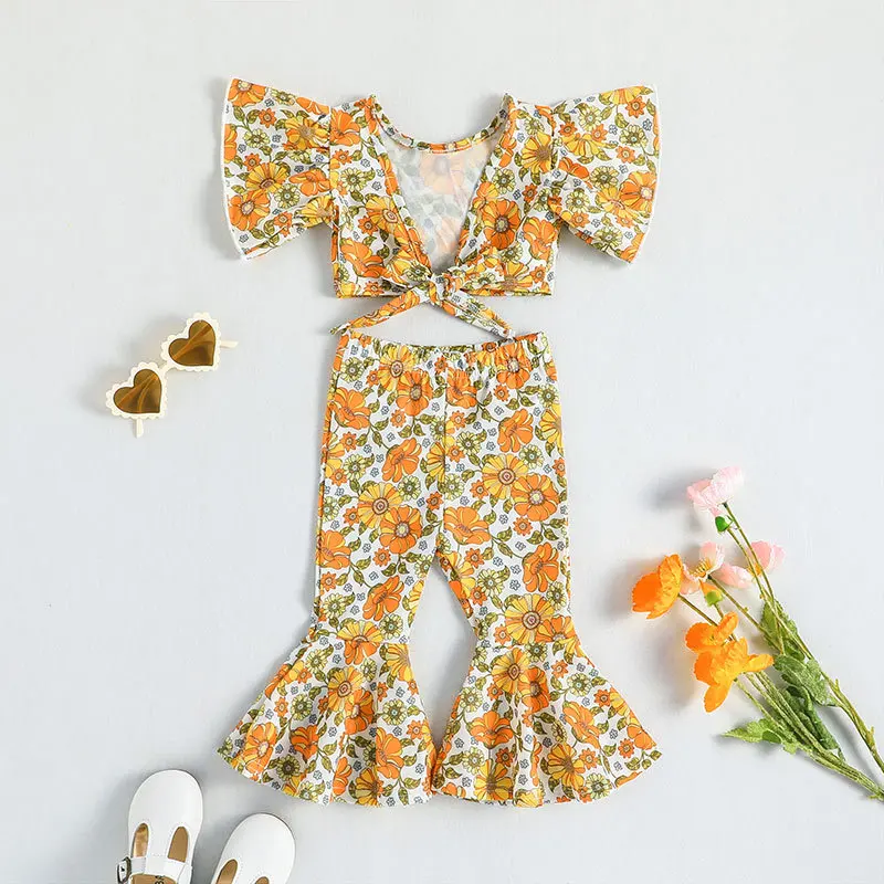 

2023 New Summer Child Clothes Sets Short Sleeve V Neck Bow Floral Flare Pant Cute 2 Piece Sets Designer Boys Clothes Sets 12M-5T