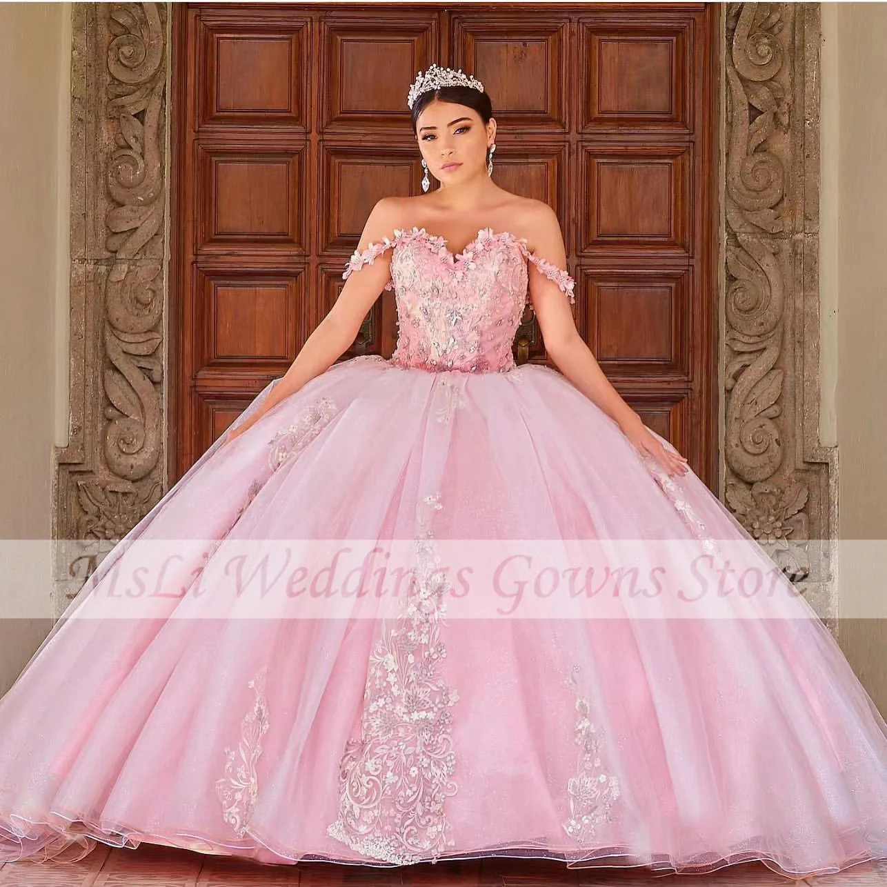 

Бальные платья принцессы розового цвета, платья для девочек 16 лет, с 3D цветами и открытыми плечами на шнуровке, платья 15 лет