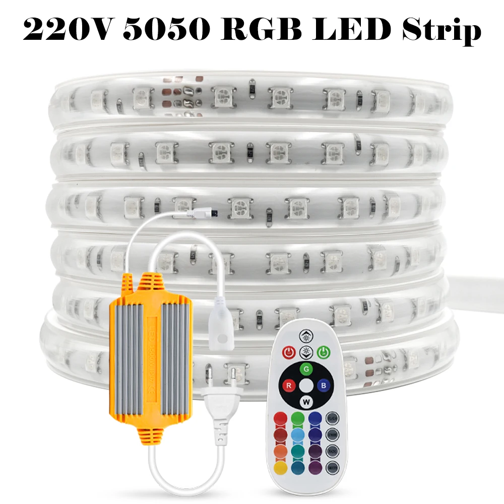 

Waterproof RGB LED Strip EU 220V High Safety 5050 60Leds/m Flexible Tape Light Ribbon with 1500W/1000W IR Remote Controller