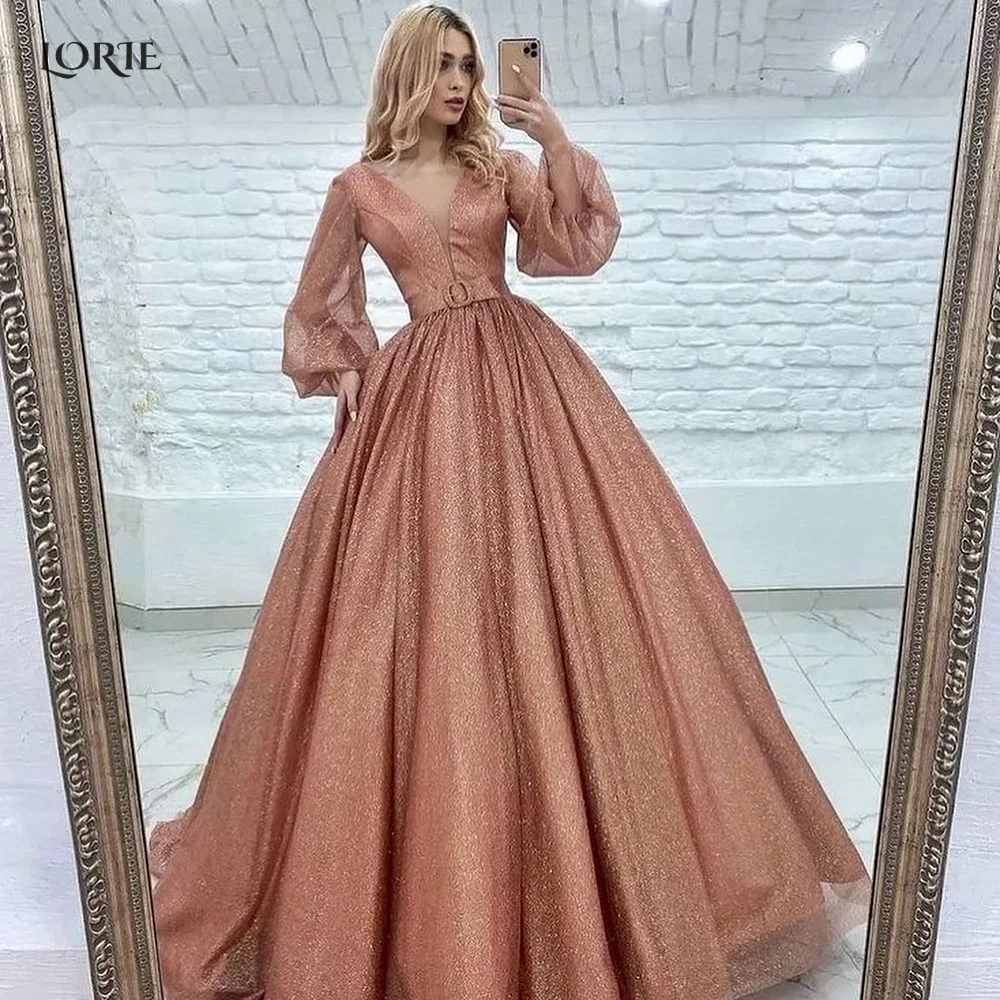 

LORIE Glitter Princess Wedding Dresses Puff Sleeves Shiny Puffy Deep V-Neck Bridal Gowns A-Line Champagne Ball Bride Dress 2022