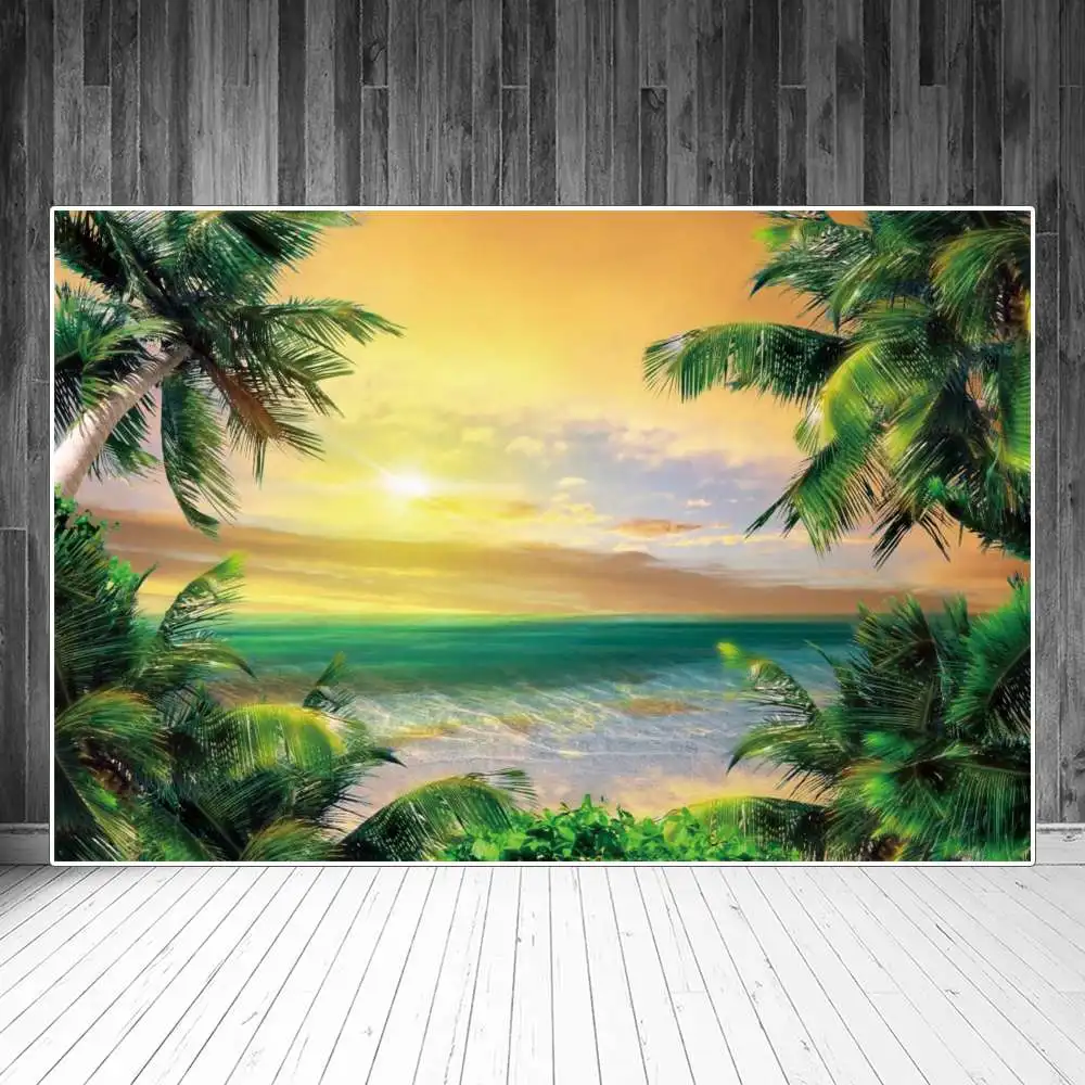 

Seaside Palm Tree Backgrounds Summer Tropical Beach Sunsetting Ocean Waves Children Photography Backdrops Photographic Portrait
