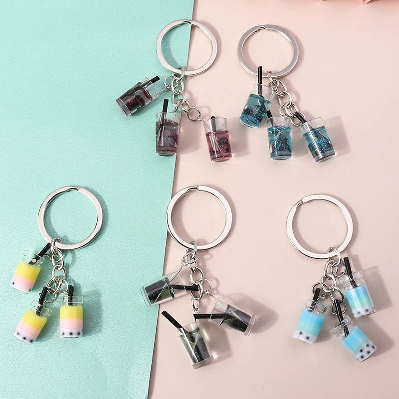 

Women Men Cute Summer Drinks Bottle Wine Keychain Key Ring Handmade Pearl Milk Tea Key Chains Bag Car Jewelry Gifts