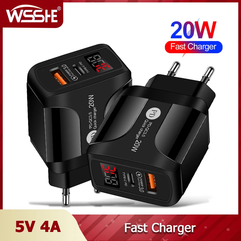 

2 Port fast charge charger 20W 5V 4A phone charger PD Type C Digital display usb adapter For Iphone 12 pro max mi 10t pro s10e