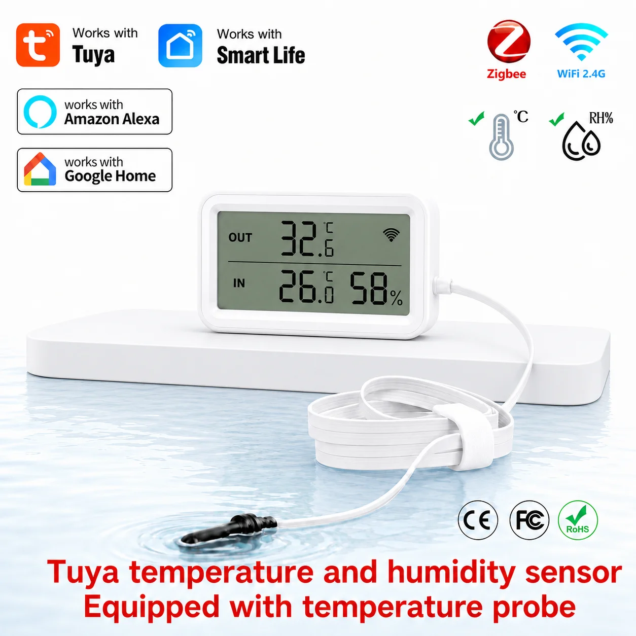 Фото Водонепроницаемый внешний датчик температуры и влажности Tuya Zigbee WiFi с ЖК-дисплеем для холодильника, аквариума, бассейна, совместимый с Alexa и Google Home №2