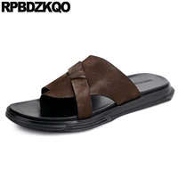2022 Trending Soft Designer Flat Luxury Casual Slip On Men Sandals Leather Summer Shoes Slides Slippers Brown Toe Loop Genuine