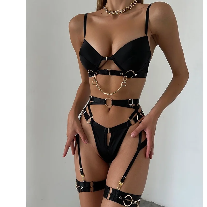 

New Fine Lingerie Sexy Fancy Underwear 5-Piece Delicate Luxury Erotic Sets With Chain Bra And Panty Set Garters Intimate