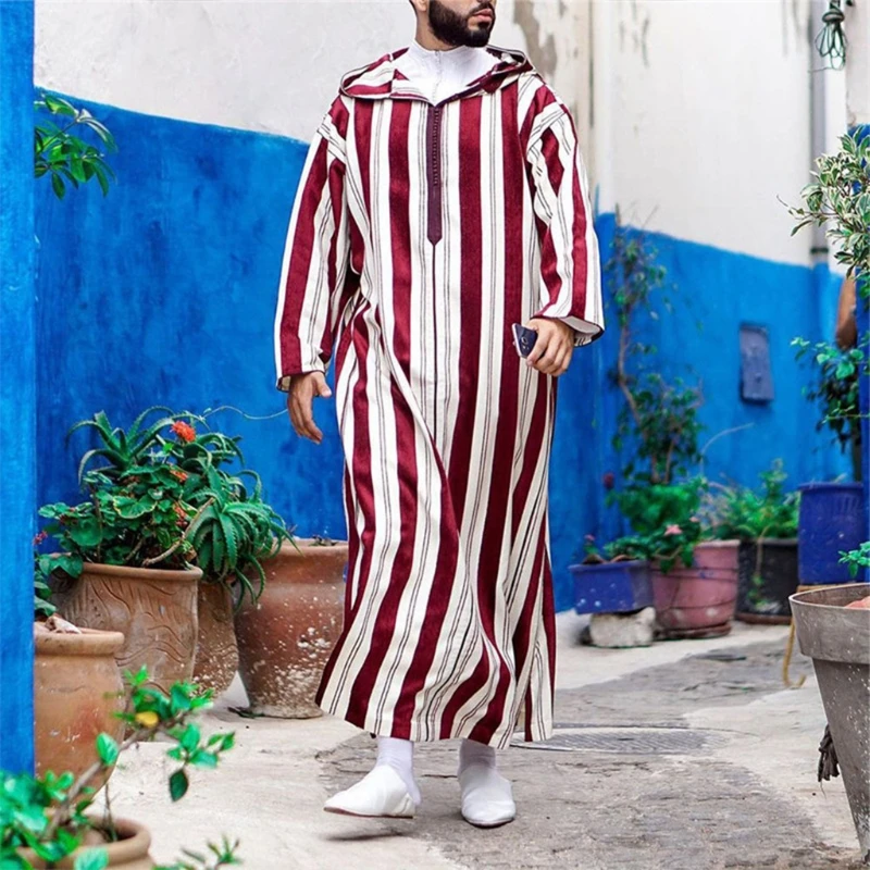 Muslim Thobe Clothes Men Hoodie Ramadan Robe Kaftan Abaya Dubai Turkey Islamic Clothing Male Casual Loose Red Stripes