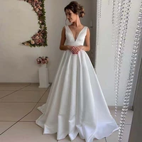 satin v neck hy183 wedding dress for women 2022 backless floor length elegant charming simple bridal gowns vestidos de novia