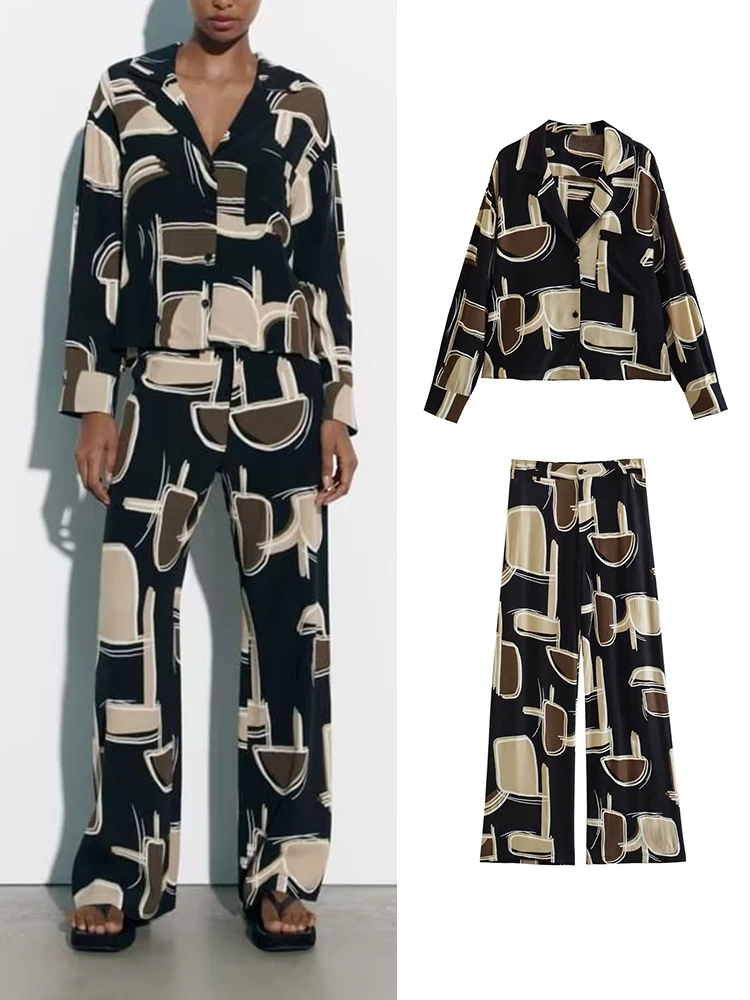 

Женский комплект из 2 предметов, рубашка и брюки с принтом, новинка 2023, модная блузка, костюм с широкими штанинами, повседневный комплект из двух предметов