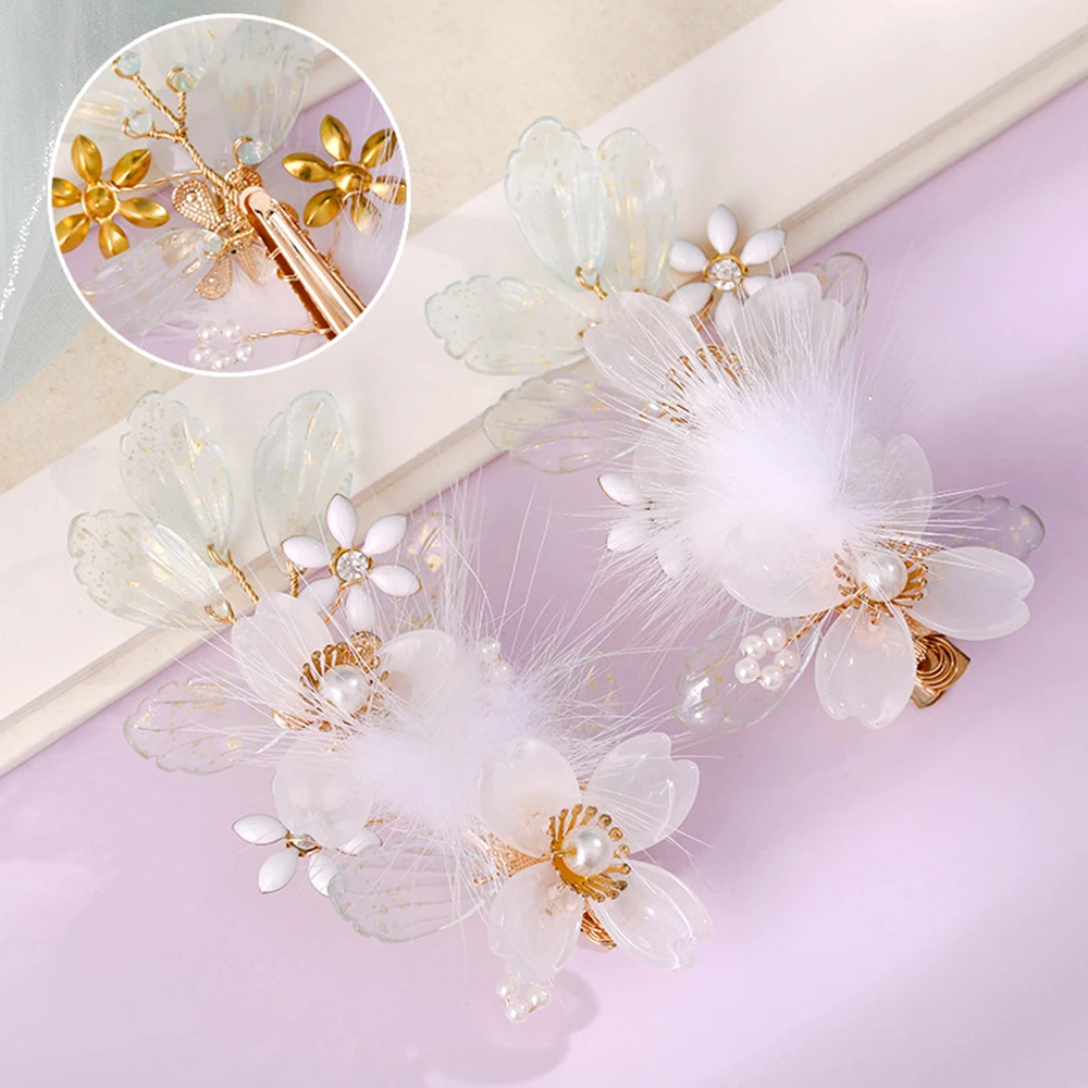 

1 Pair Flower Hair Clip with Plush Ball Chinese Hanfu Headdress Flat Side Clip Spring Metal Hairgrip Beaded Handmade NYZ Shop