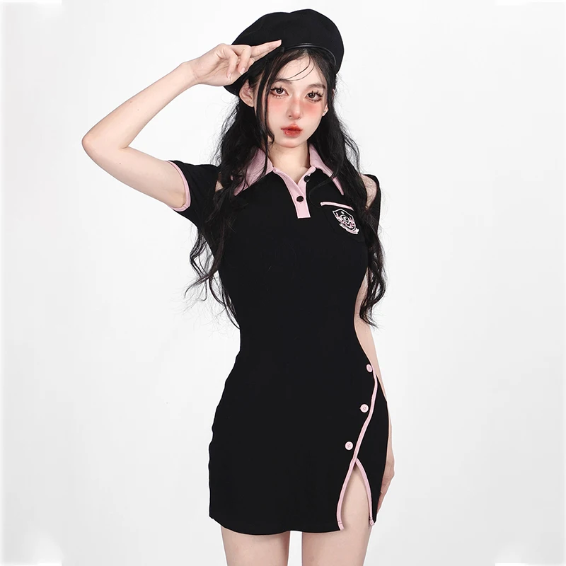 

Sexy y2k Women Dress Short Sleeve Polo Collar Slim Casual Office Ladies New Korean Fashion Girls Black Summer Mini Dresses 2022