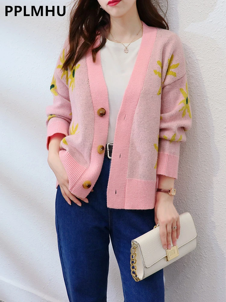 

Sunflower Print Knit Cardigan Coats Women Casual Loose Sweater Jackets Korean V-neck Knitwear Gilet Single Breasted Malhas Tops