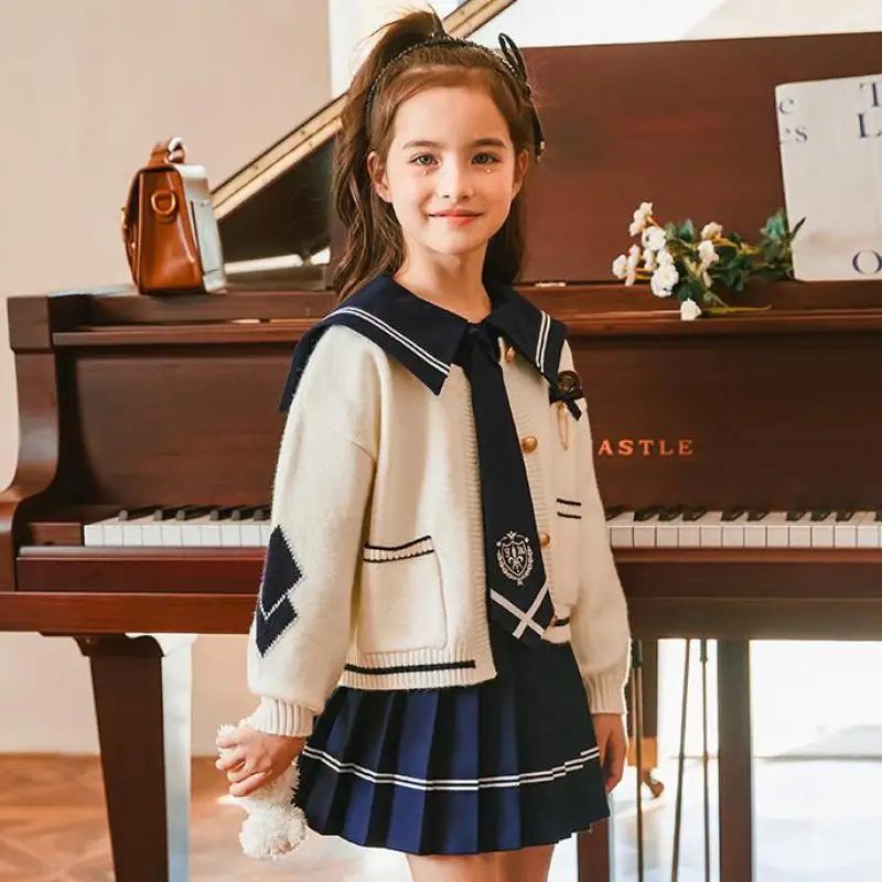 

Preppy Style 2 Piece Knitted Coat And Dress Outfits For Girls Spring Autumn Clothing Sets Children School Uniform Clothes 3-12Y