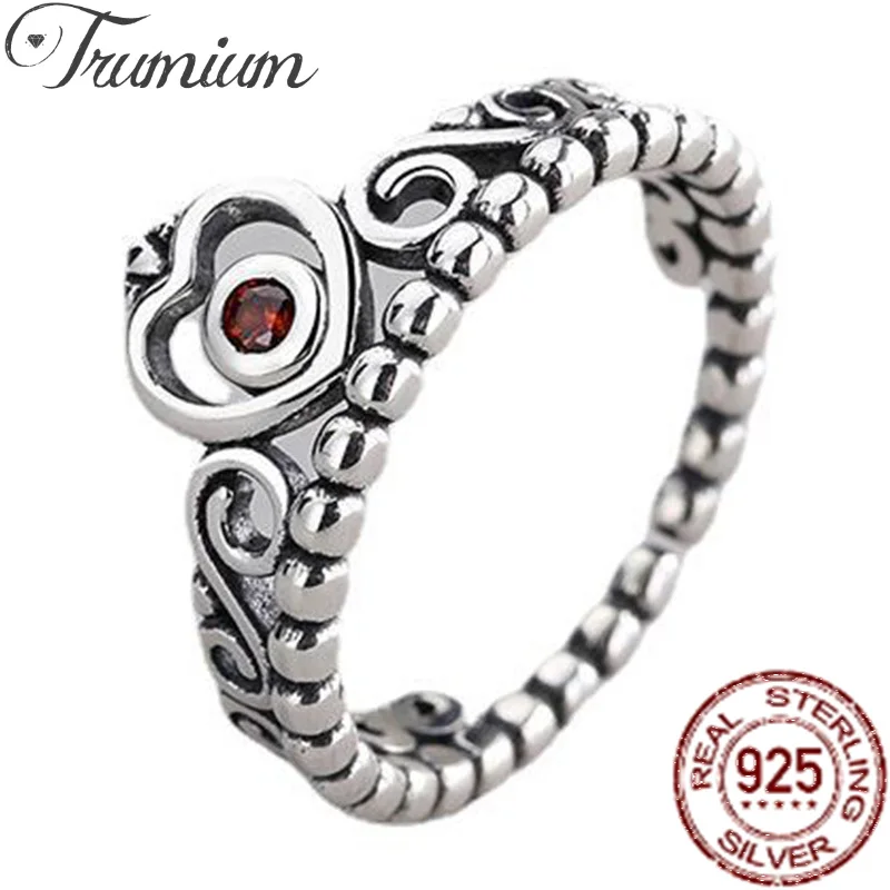 

Trumium S925 Sterling Silver Princess Queen Crown Rings for Women Red Zircon Heart Vintage ring Adjustable Party Jewelry