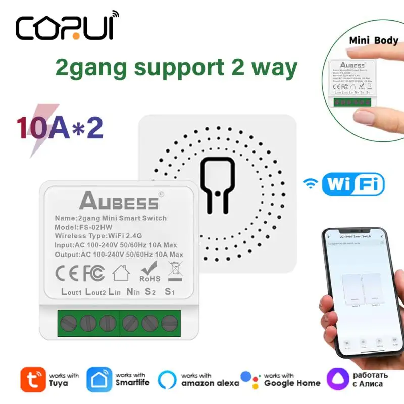 

CoRui Mini Tuya Smart WIFI Switch DIY Switch Module Two Way Switches APP Control 2 gang Work With Alexa and Google Home Alice