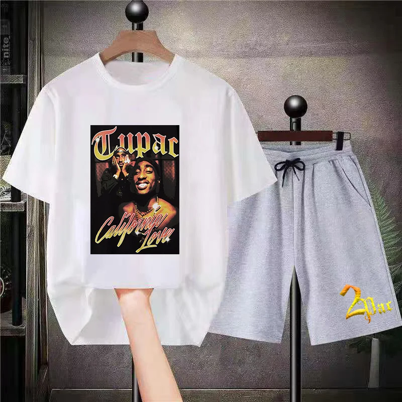 

2Pac Tshirt Shorts Tracksuit 2 Pieces Set Summer Sportswear Pure Cotton Breathable Sweatpants Casual Men Jogging Gym Sweatshirt
