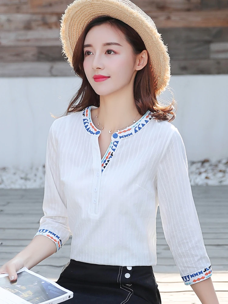 

Embroidery White Cotton Shirt 2022 Autumn New Fashion Women Blouse Long Sleeve Casual Tops Loose Shirt Work Wear Blusas Feminina
