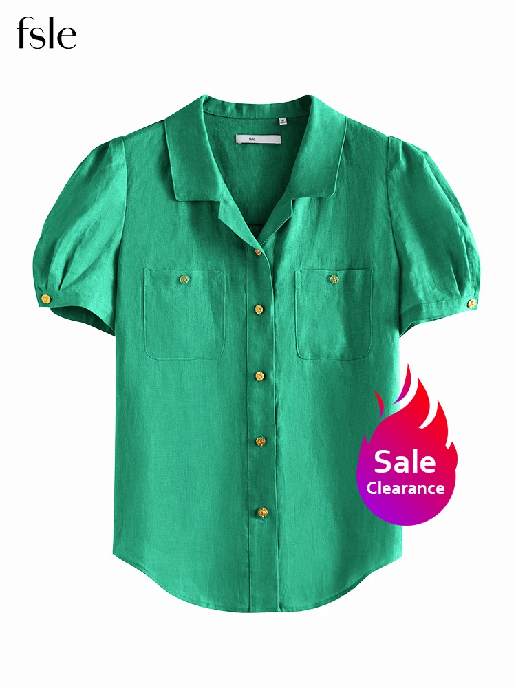 

FSLE French Linen Short Sleeve Women's Shirt Summer 2022 New Retro Metal Button Casual Solid Color Commute Office Lady Tops