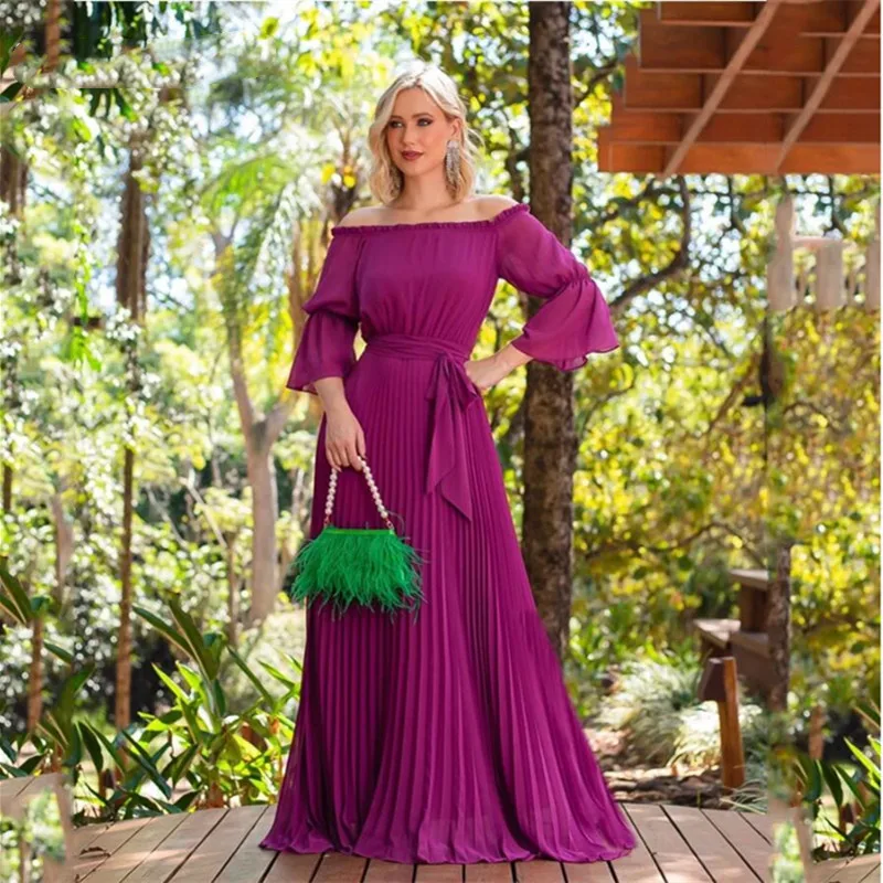 

Chiffon A Line Prom Dresses Bateau Neck Three Quarters Wedding Guest Dress for Women Sash Pleats Long Maid of Honor Party Gowns