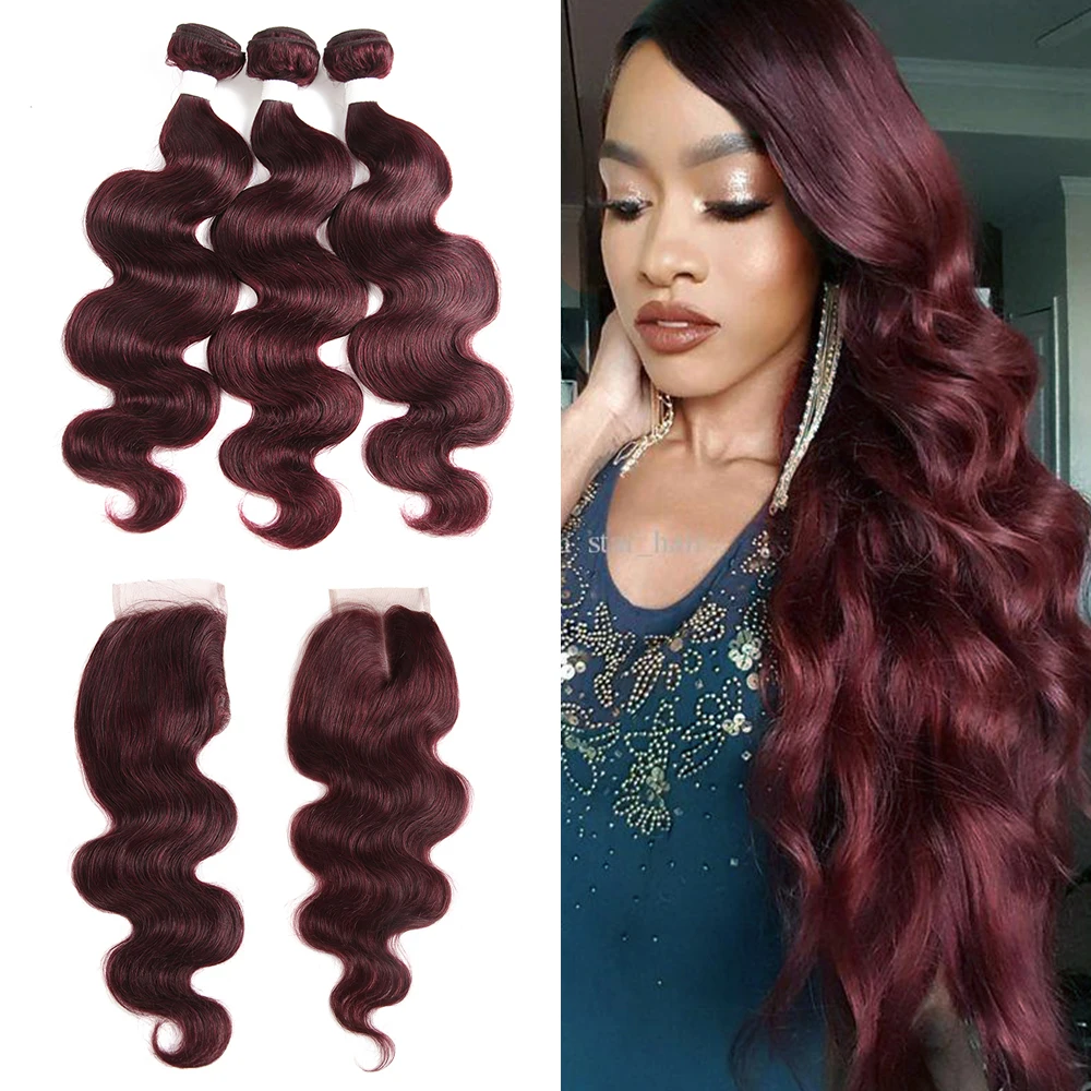 Body Wave Human Hair Bundles With Closure 99J/Burgundy Hair Weave Bundles With Lace Closure Brazilian Remy Hair 3 PCS Cheap