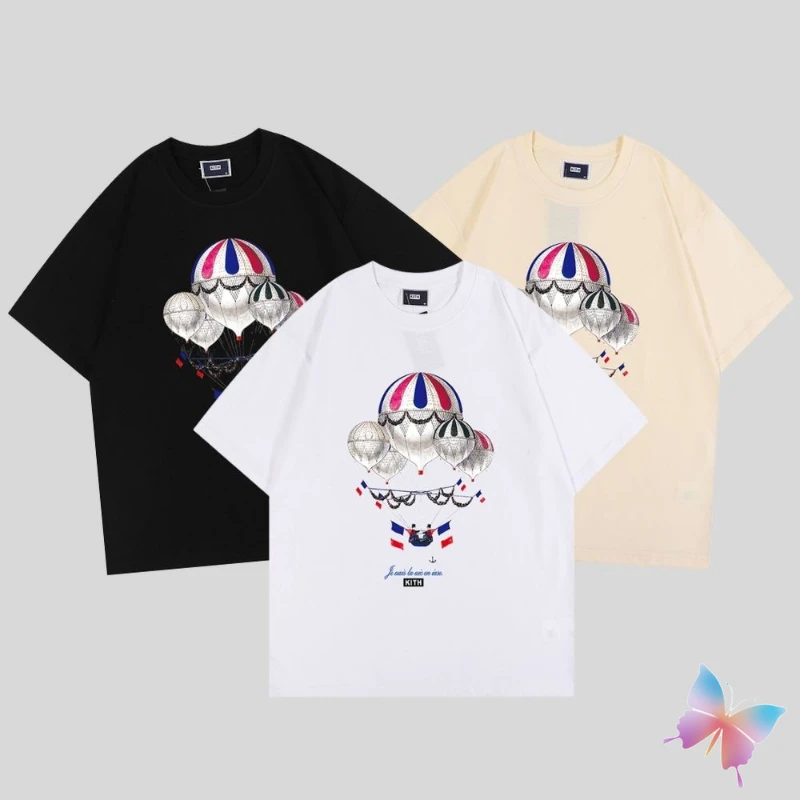 

Summer Retro Kith Tshirts Men Women Cotton Round Neck Hot Air Balloon Print Casual T Shirt