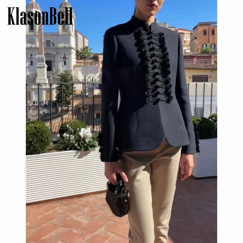 

Женская модельная куртка KlasonBell, черная однобортная приталенная куртка с воротником-стойкой и вышивкой, 12,15