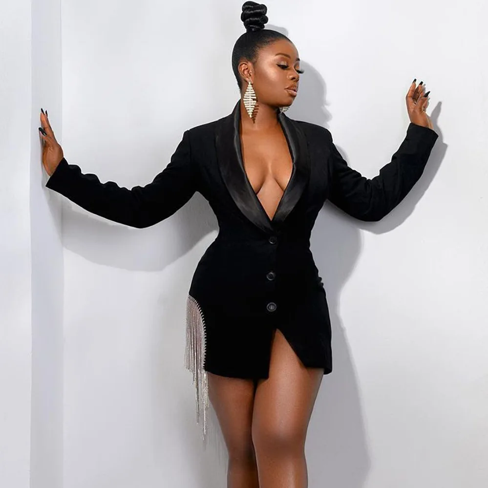 

Sexy Single-breasted Women's Suit Jacket 2022 Explosive Autumn Winter New Solid Color V-neck Tassel Stitching Suit Collar Dress