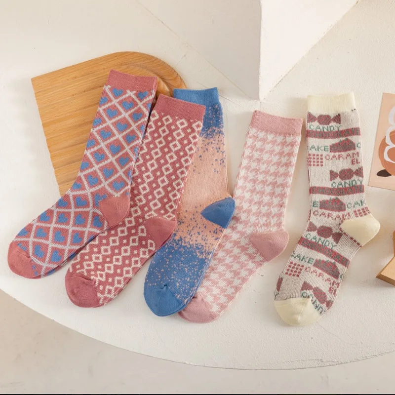 

Pink Socks Women's Middle Tube Socks Autumn and Winter Love Double Needle Double Way Pure Cotton Cute Japanese Korean Socks