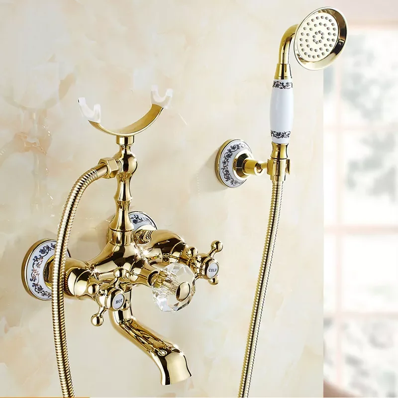

Faucets Luxury Gold Brass Bathroom Faucet Mixer Tap Wall Mounted Hand Held Shower Head Kit Shower Faucet Sets HS-G018