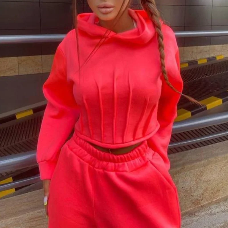 

Spring Autumn Solid Casual Tracksuit Women Hooded Sweatshirt Pullovers+Elastic Waist Pants Sportswear Retro Back Tie-up Suit Set