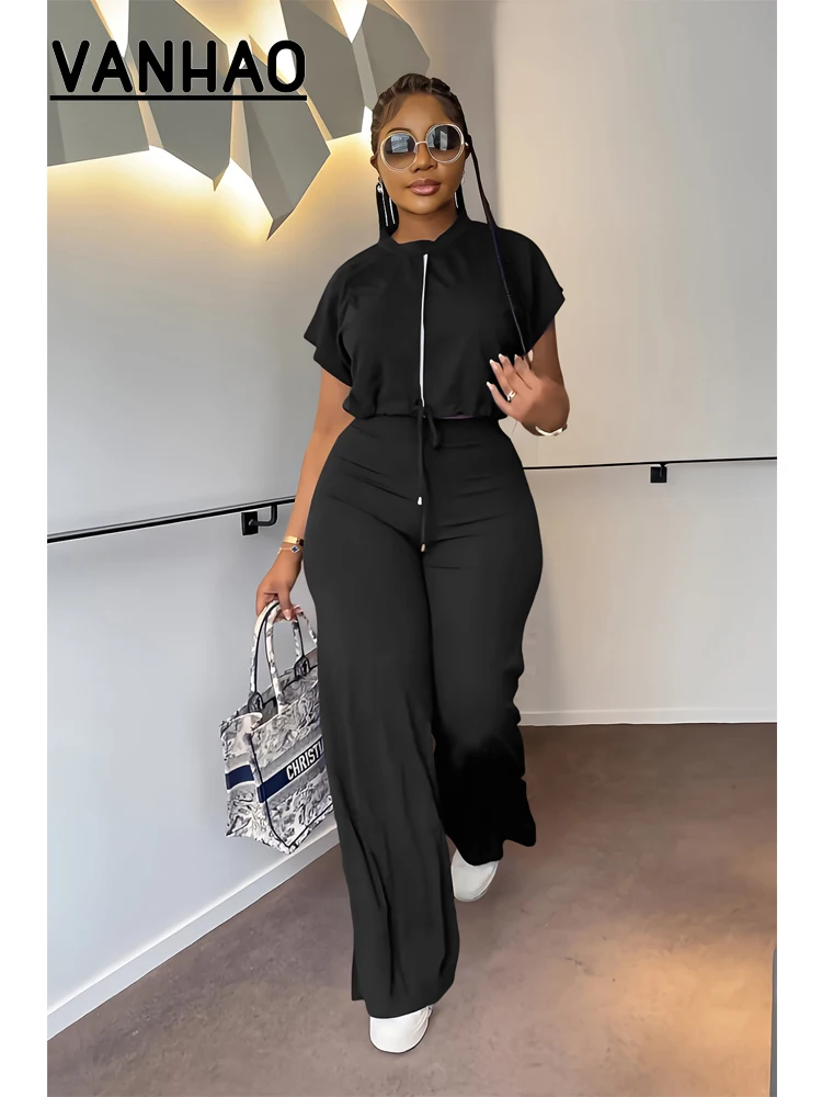 

VANHAO Fashion Women Suits 2023 Summer Short Sleeve T-shirt + Wide-leg Loose Trouser Two-piece Sets High Waist Pants Elegant Set