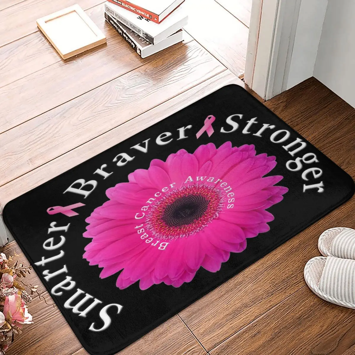 

Breast Cancer Awareness Smarter Braver Stronger Carpet, Polyester Floor Mats Trendy Bathroom Gifts Festivle Gifts Mats