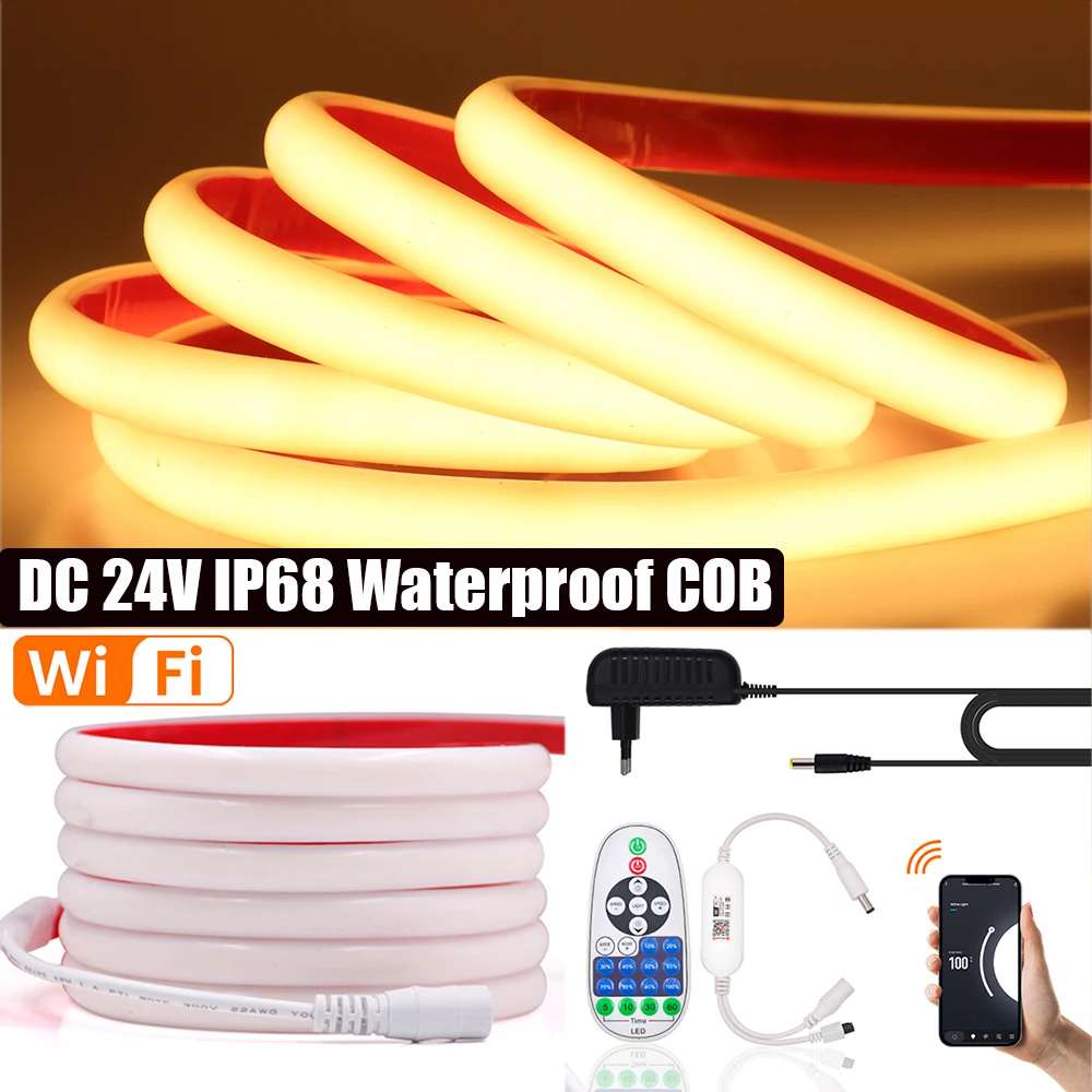 

WIFI Control COB Neon Strip DC 24V IP68 Waterproof 320Leds/M 3000K 4000K 6000K Flexible Ribbon Rope LED Light EU/US/AU/UK Set