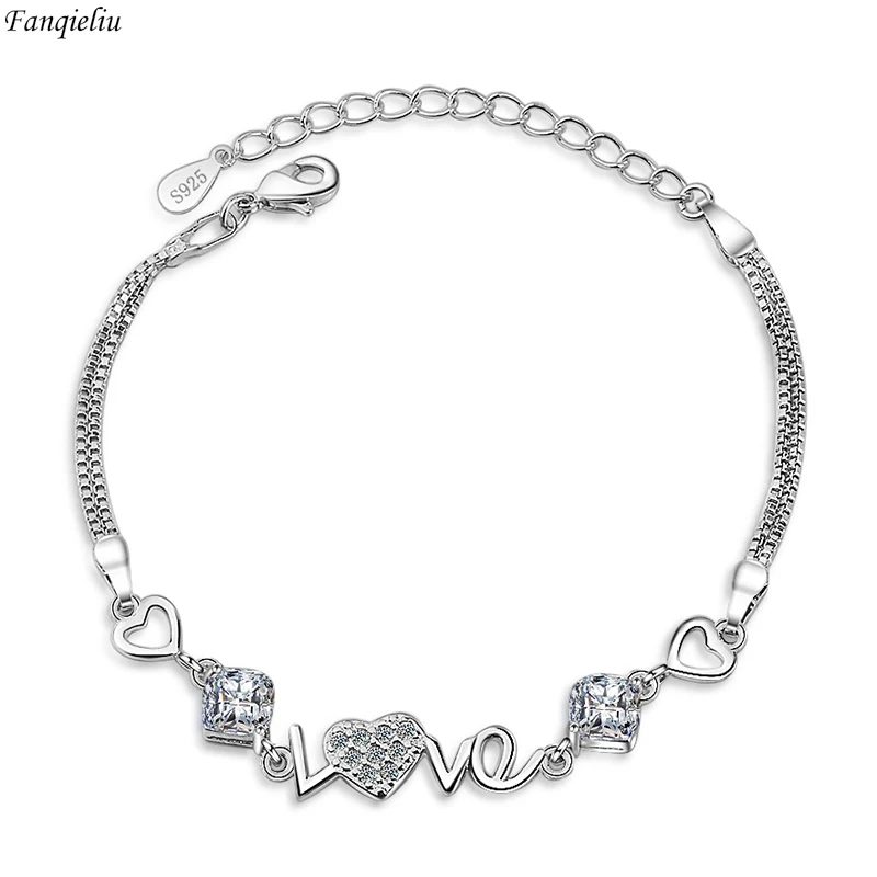 

Fanqieliu S925 Stamp Silver Color Crystal Love Letter Double Link Bracelet For Women Trendy Jewelry Girl Gift New FQL22086
