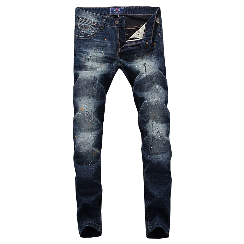 Streetwear Fashion Men Jeans Retro Blue Stretch Slim Ripped Jeans Men Destroyed Trousers Painted Designer Vintage Pants Hombre