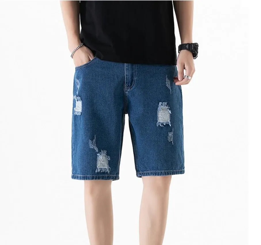 2023 Summer New Japan Korea Hole Ripped Straight Men Jeans Shorts  Fashion Loose Blue Washed Street Knee-length Male Denim Pants