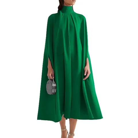 Yeezzi Female Summer Vintage Elegant Party Evening Dress Batwing Sleeves Lace-Up Solid Color High-Neck Midi Dresses For Women