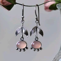 delicate tree leaves pink stone earrings tribal jewelry silver color oval moonstone drop dangle earrings femme new