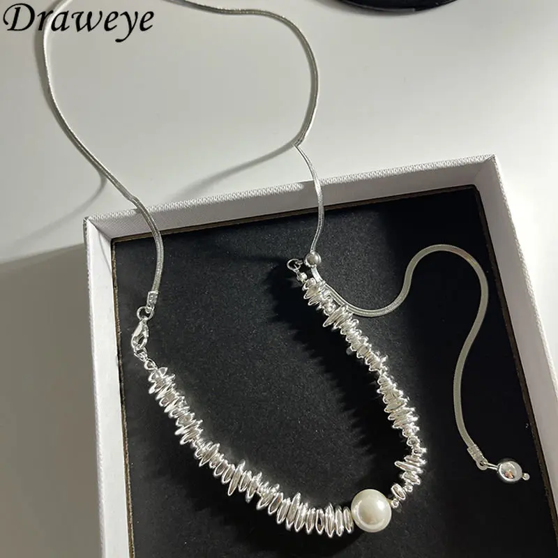 

Draweye Silver Color Jewelry for Women Pearls Korean Fashion Irregular Vintage Pendant Necklaces Elegant Collares Para Mujer