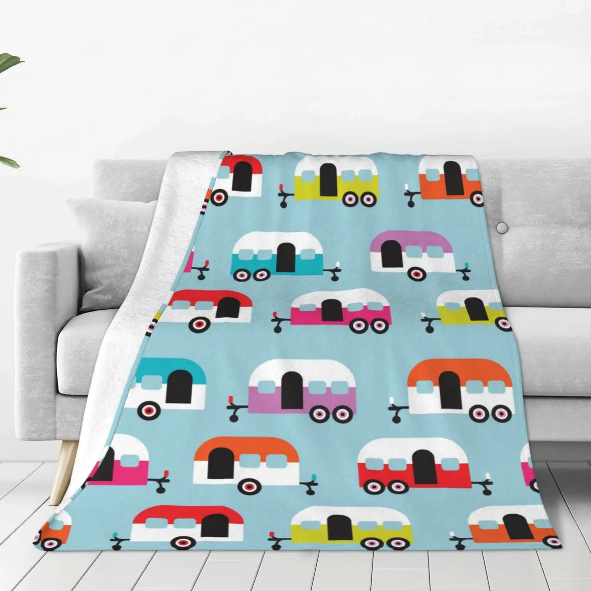 

Happy Camp Flannel Blanket Cute Caravan Funny Throw Blanket for Home 150*125cm Rug Piece