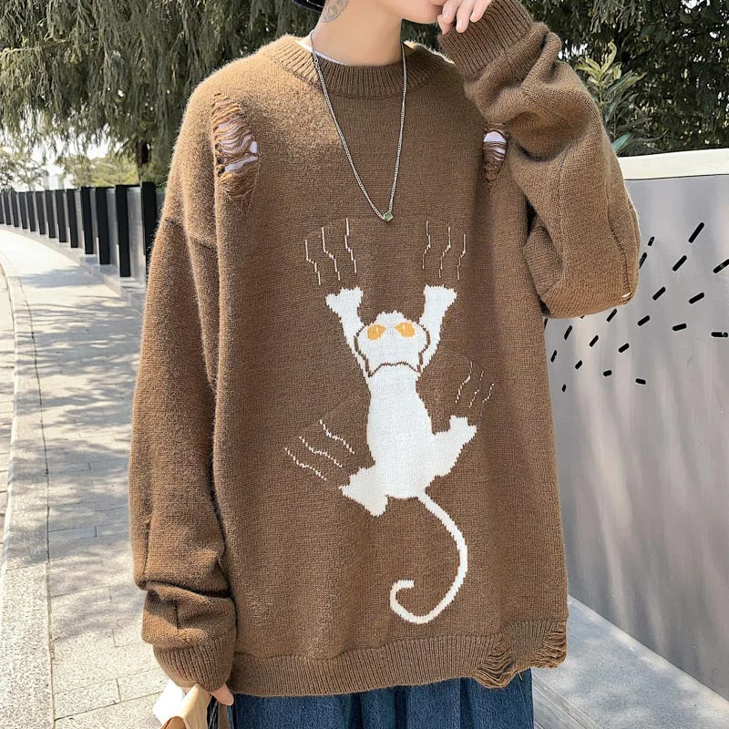 Korean Sweater Men Autumn Casual Harajuku Knitted Men Sweaters Men Sweater Cartoon Funny Cat Print O-neck Pullover Fashion Wild
