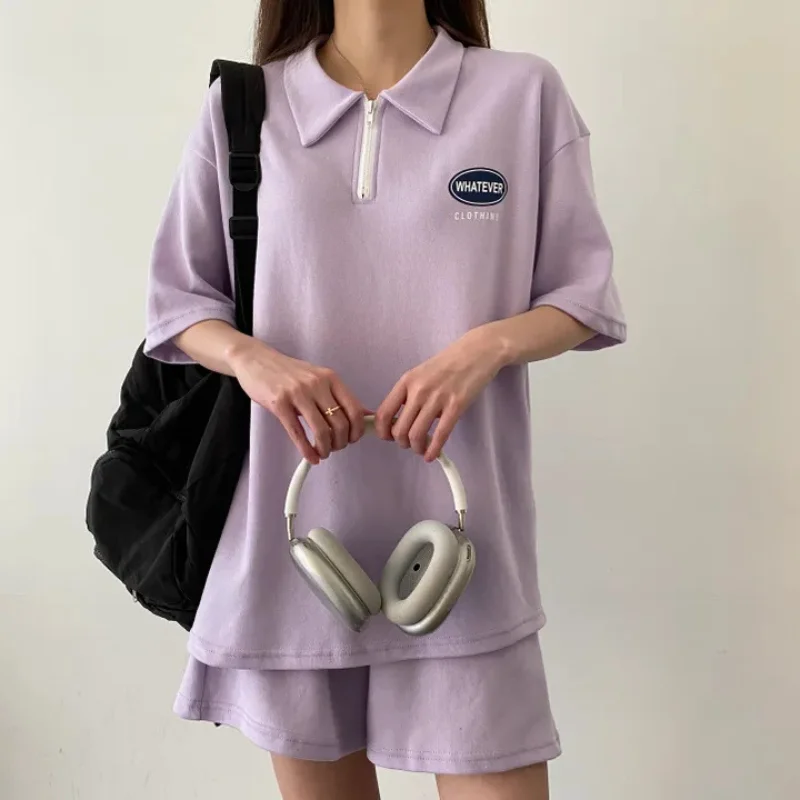 

2023 Summer Women Clothing Sets Short Sleeve Polo Shirt + Shorts 2Pcs Pink Solid Loose Tees Tops Sportswear Casual New Tracksuit