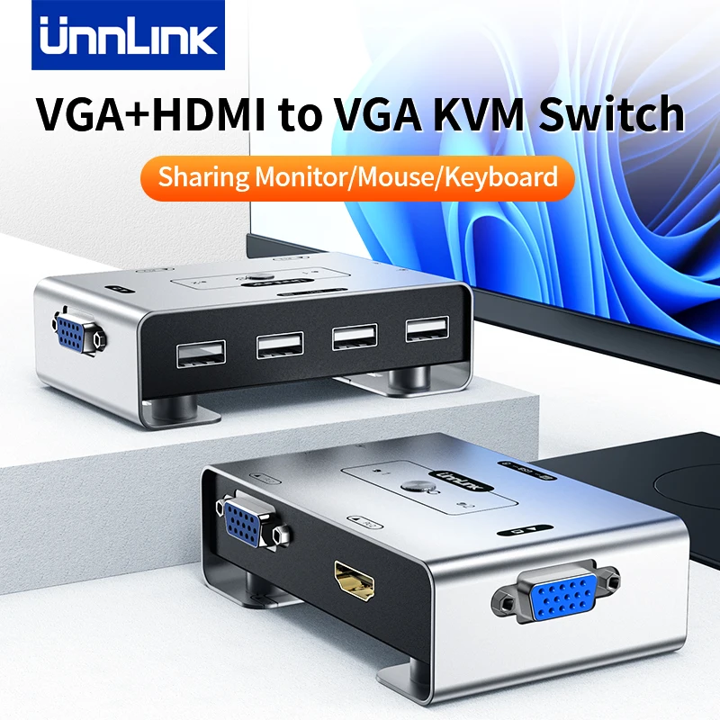 

Unnlink HDMI+VGA to VGA KVM Switch 2x1 1080P 60Hz Video Switcher for PC Laptop PS3/4/5 Xbox to TV Monitor Projector