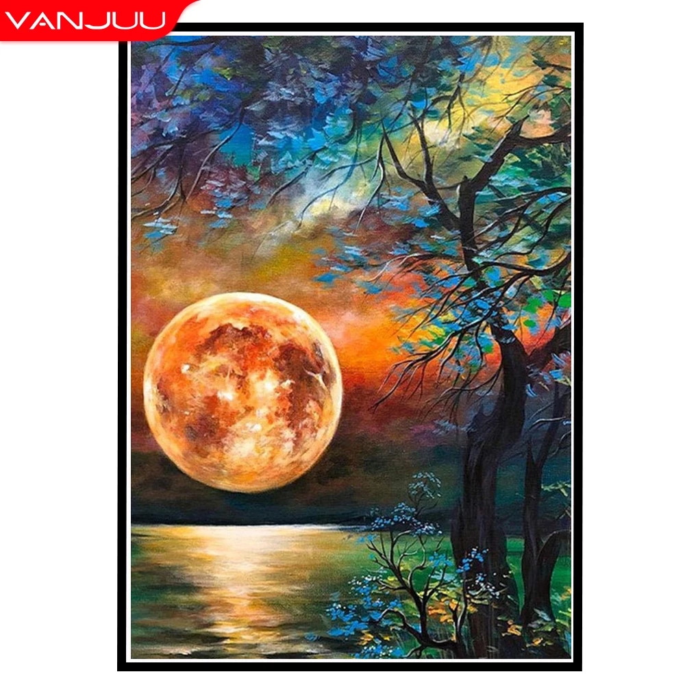 

5D DIY Diamond Painting Tree Moon Mosaic Full Round Drill Landscape DIamond Embroidery Cross Stitch Home Decor