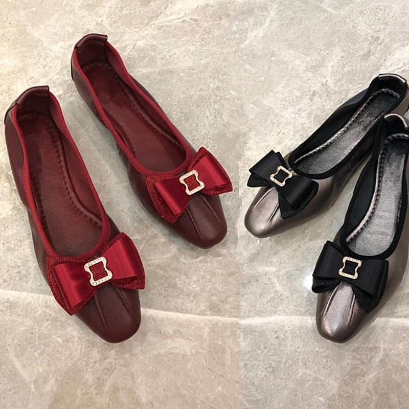 

Black Leather Four Seasons Shoes High Quality Classic Style Soft Sheepskin Bow Knot High Heels Rhinestones Ballet Shoes Red Pink