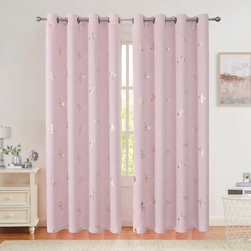 

Pink Butterfly Blackout Curtains 2 Panels 84"L×52"W for Baby Girls Nursery Bedroom, Gold Metallic Floral Print Room Darkening